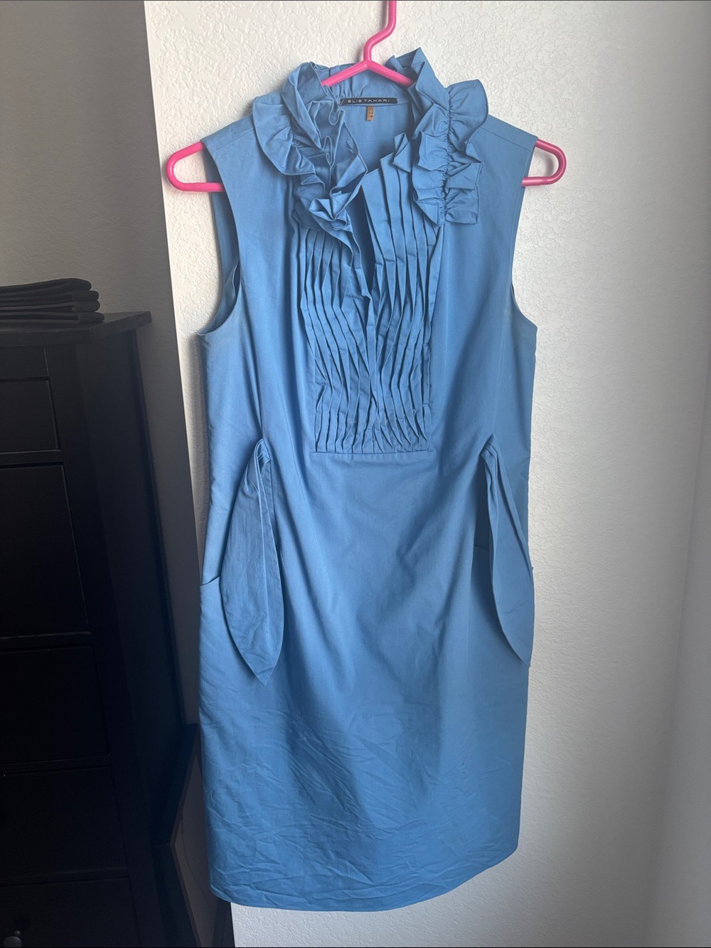Elie Tahari Cornflower Blue Ruffle-Front Sleeveless Midi Dress